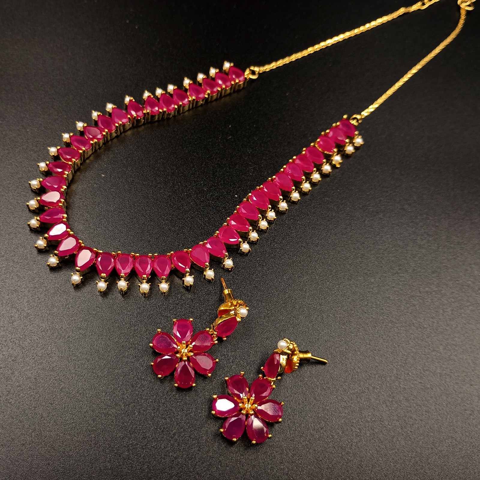 Ruby Pearl Necklace Set 22K Gold Plated Red Gemstone Anniversary Gift her