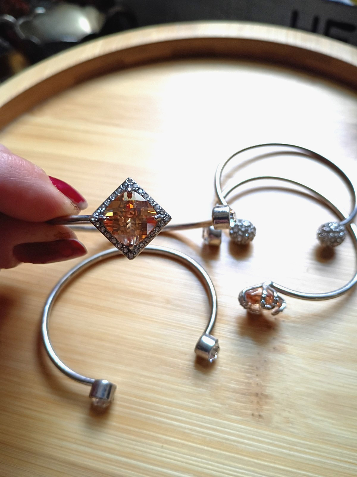 Sterling Silver Plated Clear & Champagne CZ Open Cuff Stacking Bangle Bracelets