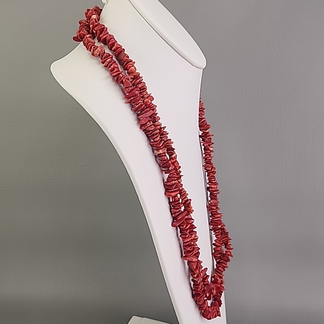 Coral Beaded Necklace Chip Red Orange Dyed Endless 52″ Long Flapper
