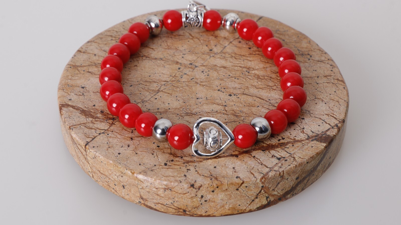 Moderna Pulsera cuentas de Coral Rojo y Acero inoxidable Regalo Para Mujeres