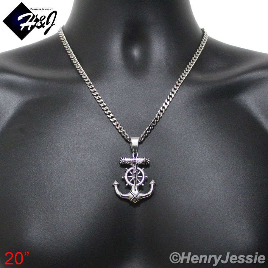 18-36″Stainless Steel 5mm Silver Cuban Curb Necklace Anchor Cross Pendant*P58