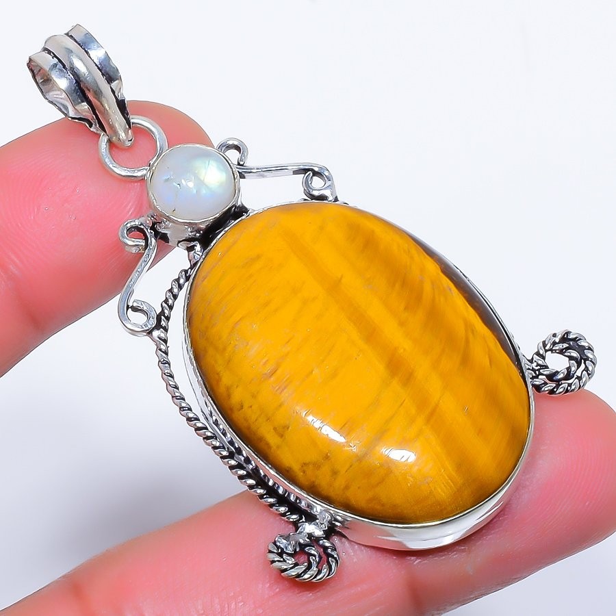 Natural Tiger’S Eye & Rainbow Moonstone 925 Silver Plated Pendant 2.4″ F2575