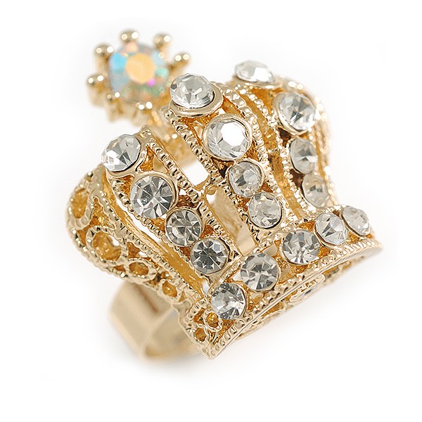 Clear Crystal Crown Cocktail Ring in Gold Tone – 30mm Tall – Size 7/8 Adjustable
