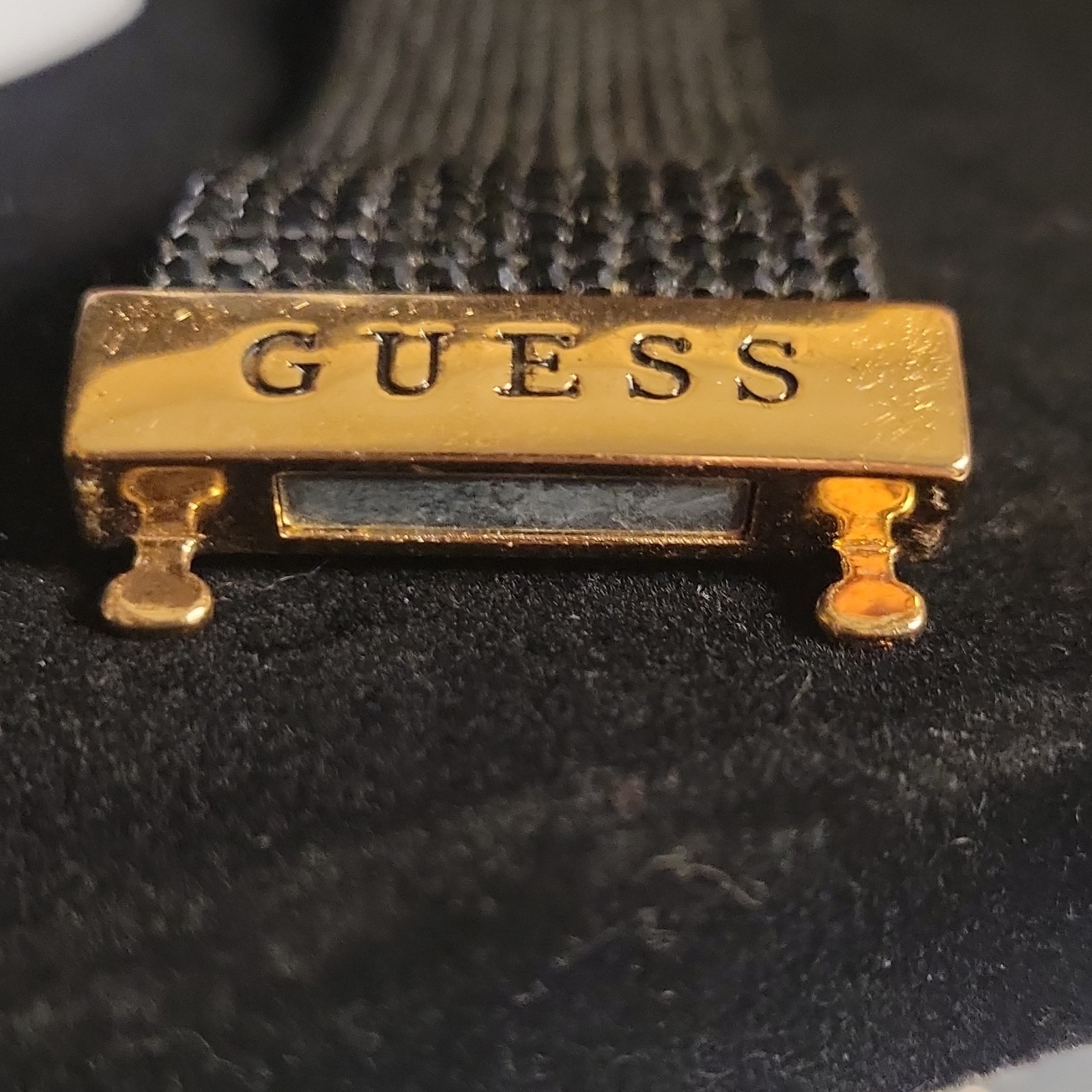 GUESS Black Mesh Magnetic Cuff Bangle Bracelet Gold Tone Signed No Stone