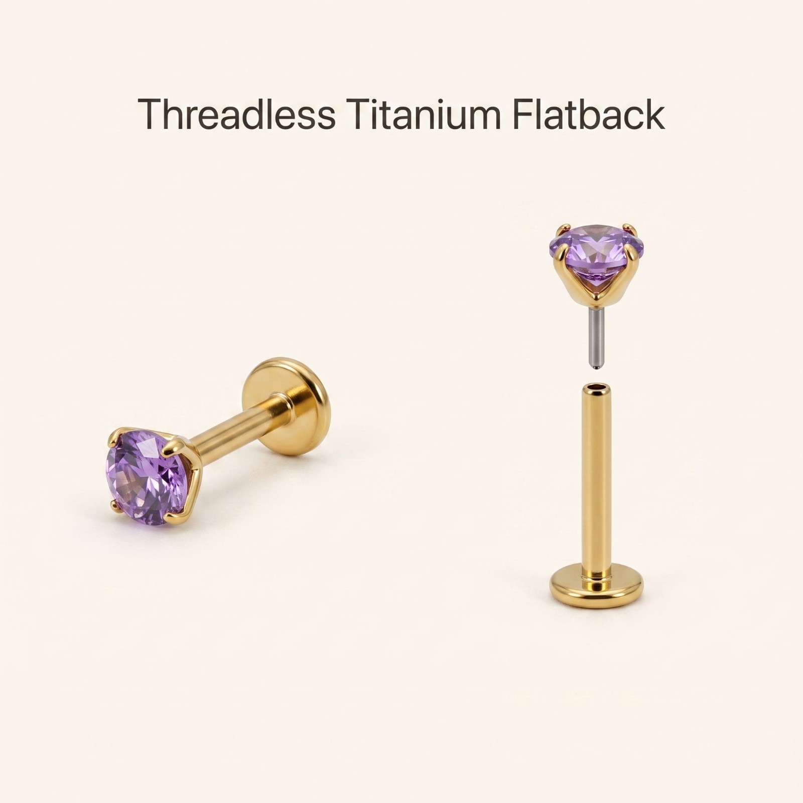 4mm Round Birthstone Flat Back Earrings 14K Gold Plated Titanium Labret 16G