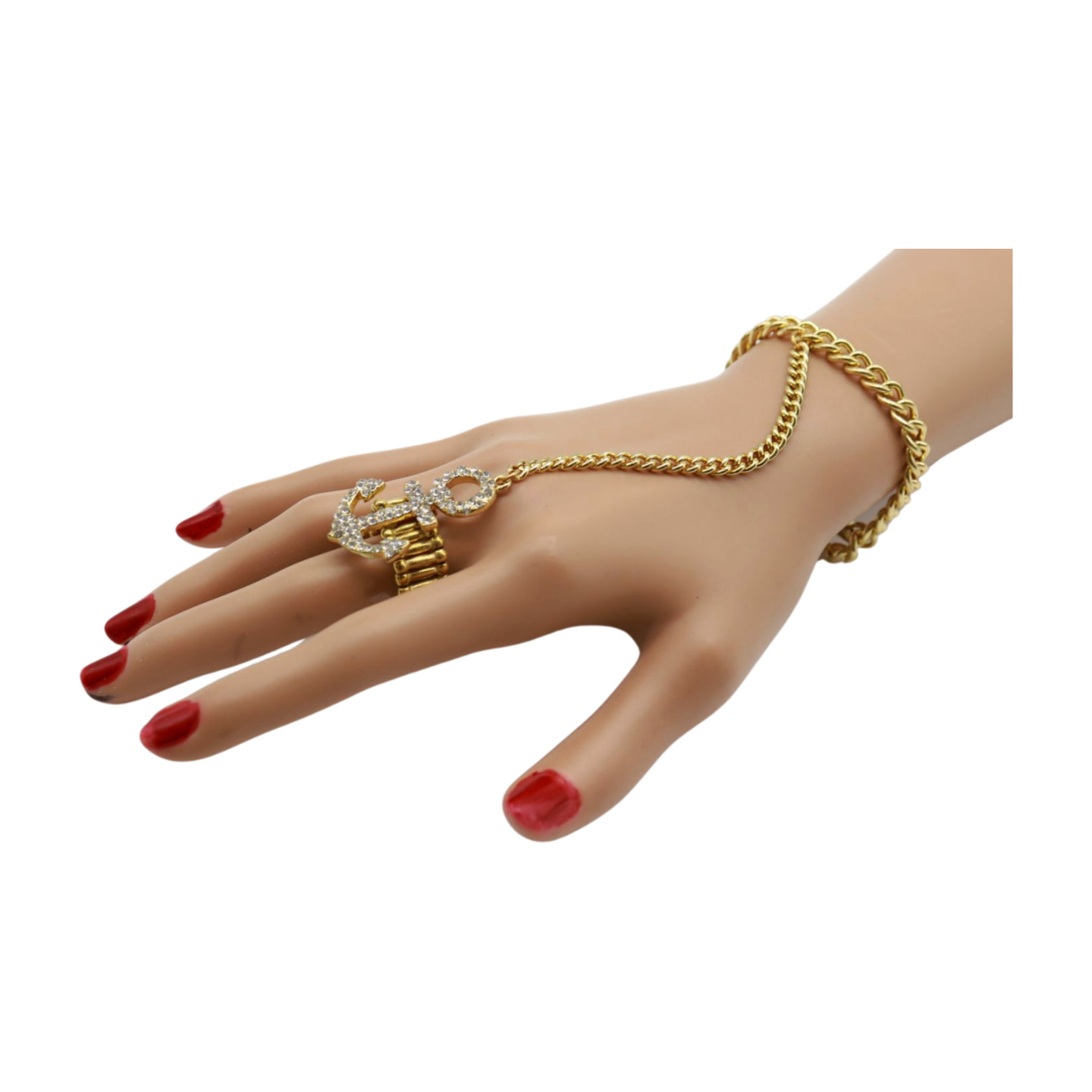 Hot Women Gold Metal Hand Chain Bracelet Connected Anchor Ring One Size Fits All