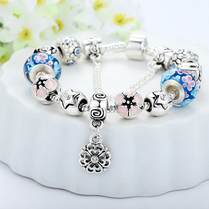 925 SILVER PLATED CHARMS BRACELET W/ FLOWER BEADS / LENGTH 7.5” / AMAZING LOOK!