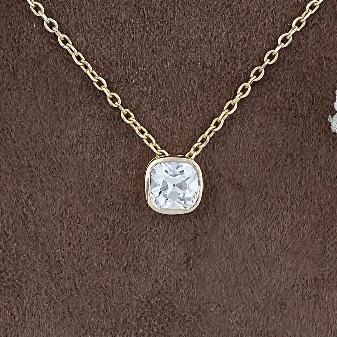 3.00 Ct Cushion EF VS Lab Grown Diamond Solitaire Bezel Necklace 14K Yellow Gold