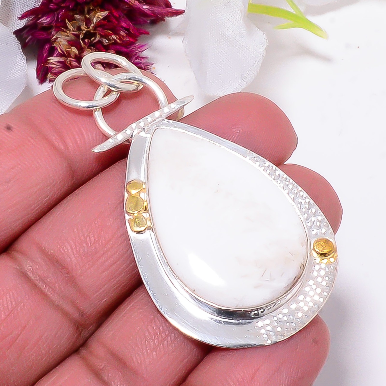 White Scolecite – India 925 Sterling Silver Two Tone Designer Pendant 2.26″ Su32