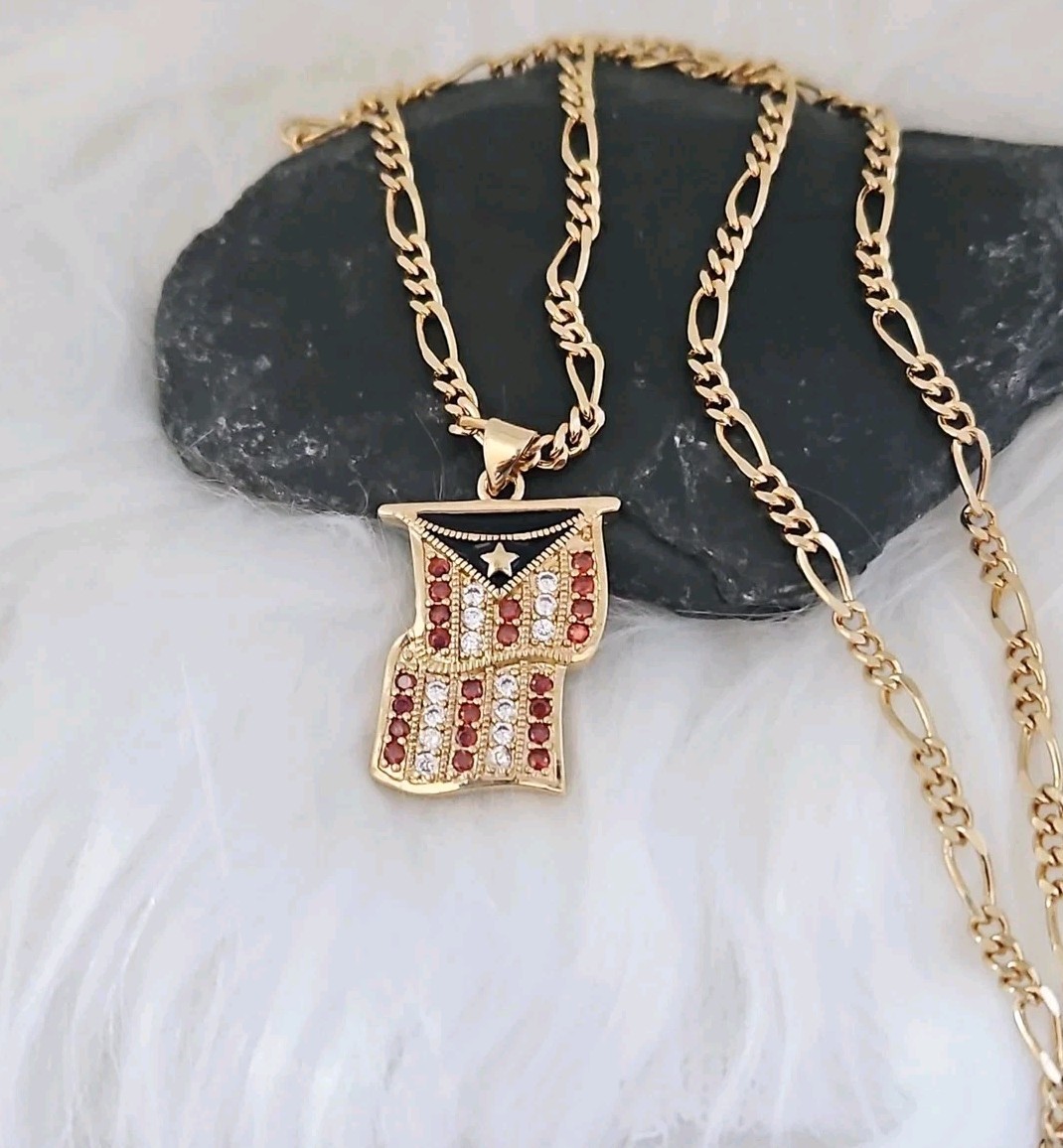 Gold Puerto Rico Necklace, 14k Heavy Plated Gold, 3mm Figaro Chain