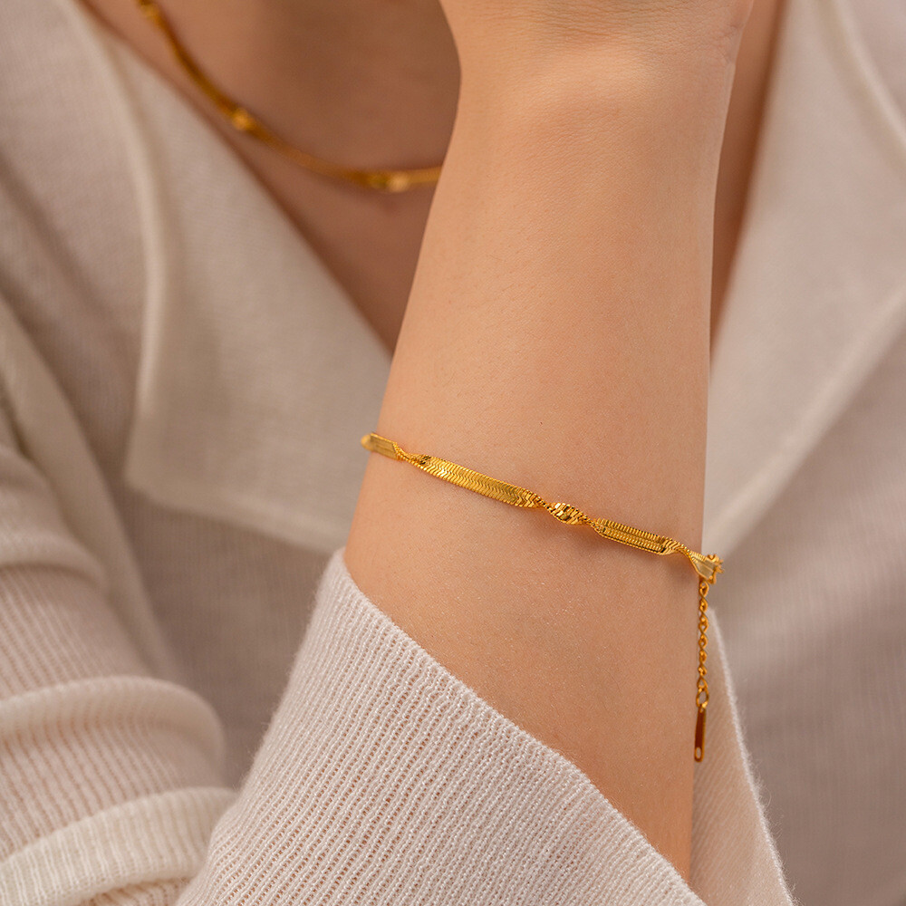 3mm Woman 18K Gold Plated Stainless Steel Herringbone Snake Twist Chain/Bracelet