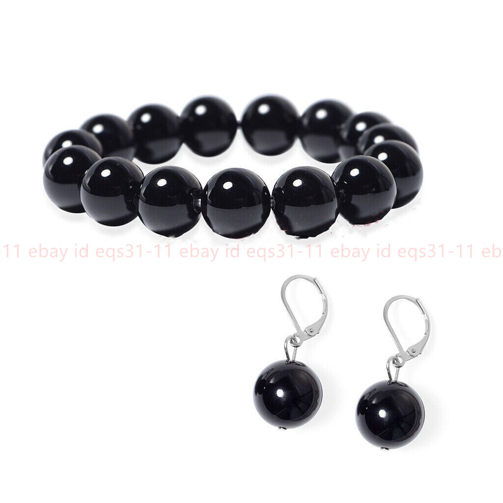 Natural 6/8/10/12/14mm Black Agate Round Gemstone Beads Bracelet Earrings Set