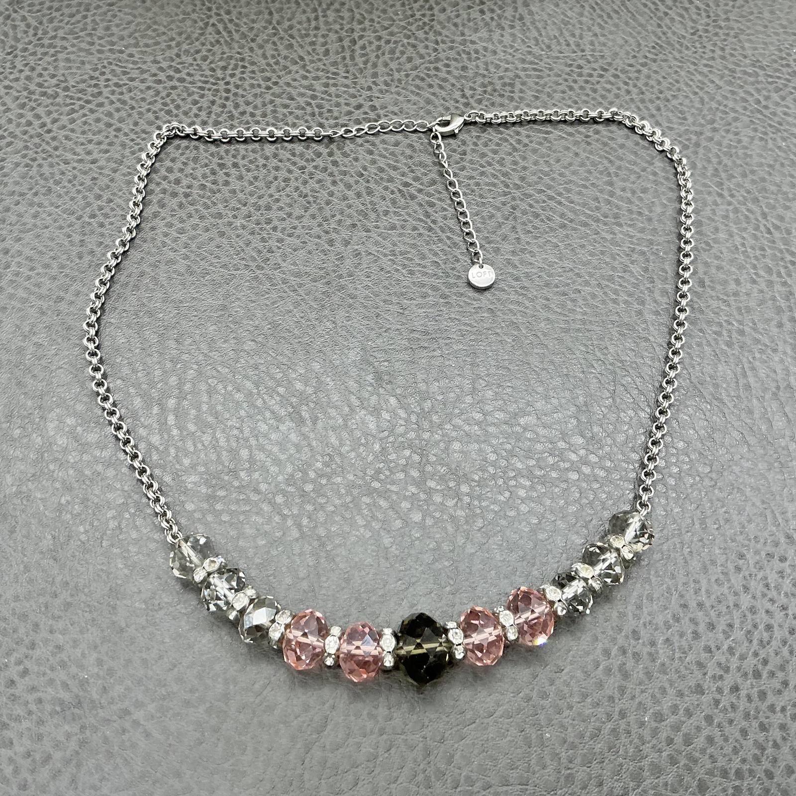LOFT Necklace Silver Tone Pink Gray Crystal Beaded Womens Statement Jewelry 18″
