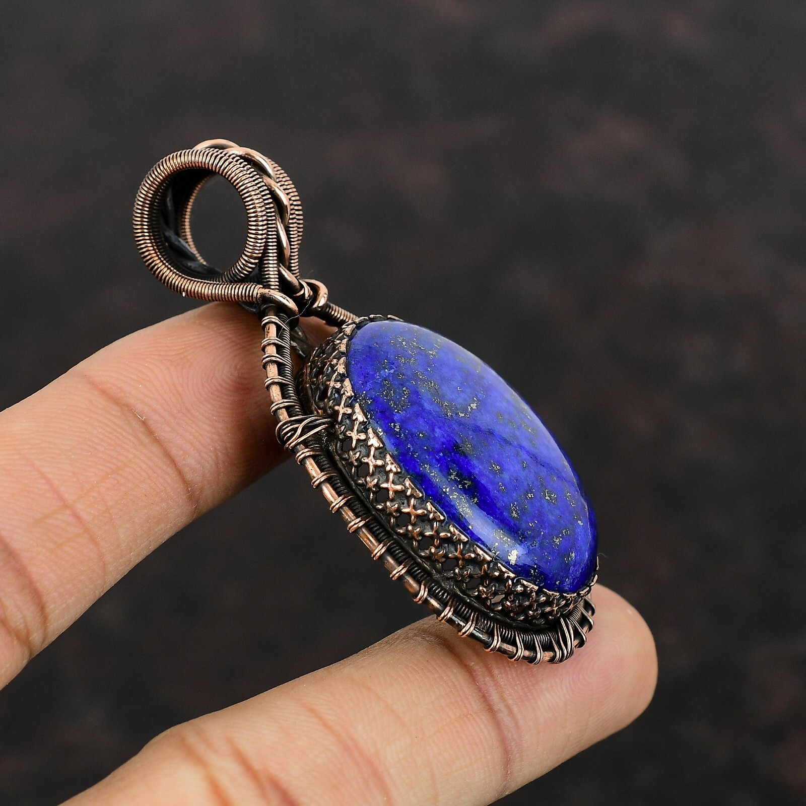 Lapis Lazuli Gemstone Jewelry Copper Mother Gift Wire Wrapped Pendant 2.48″