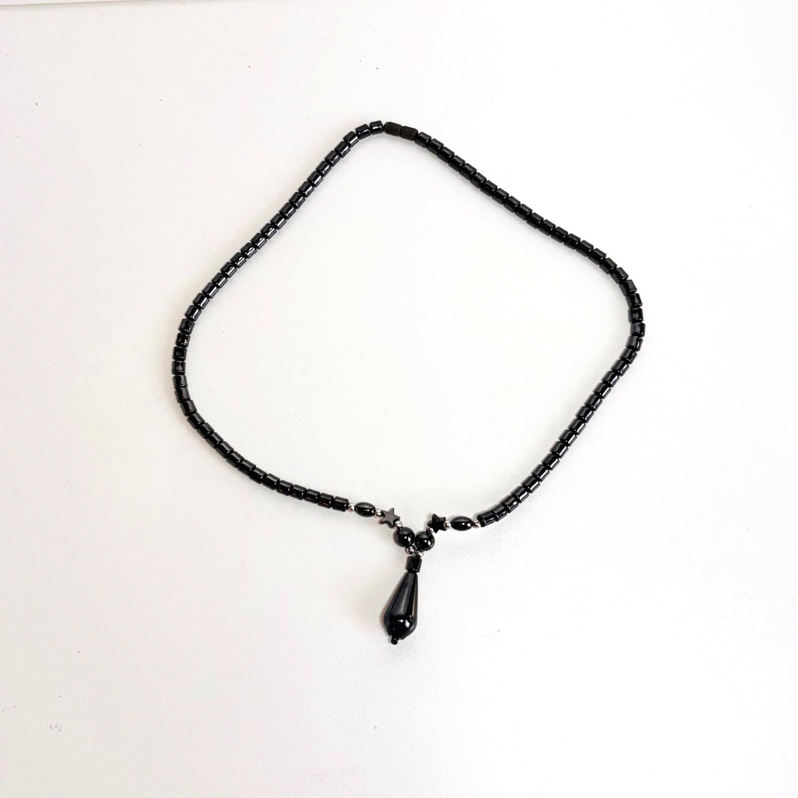 HEMATITE stone necklace teardrop pendant tube beads nylon cord barrel clasp 17″