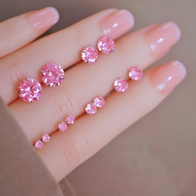 Men Women Pink Round Solitaire CZ 925 Sterling Silver Mini Stud Earrings GIFT