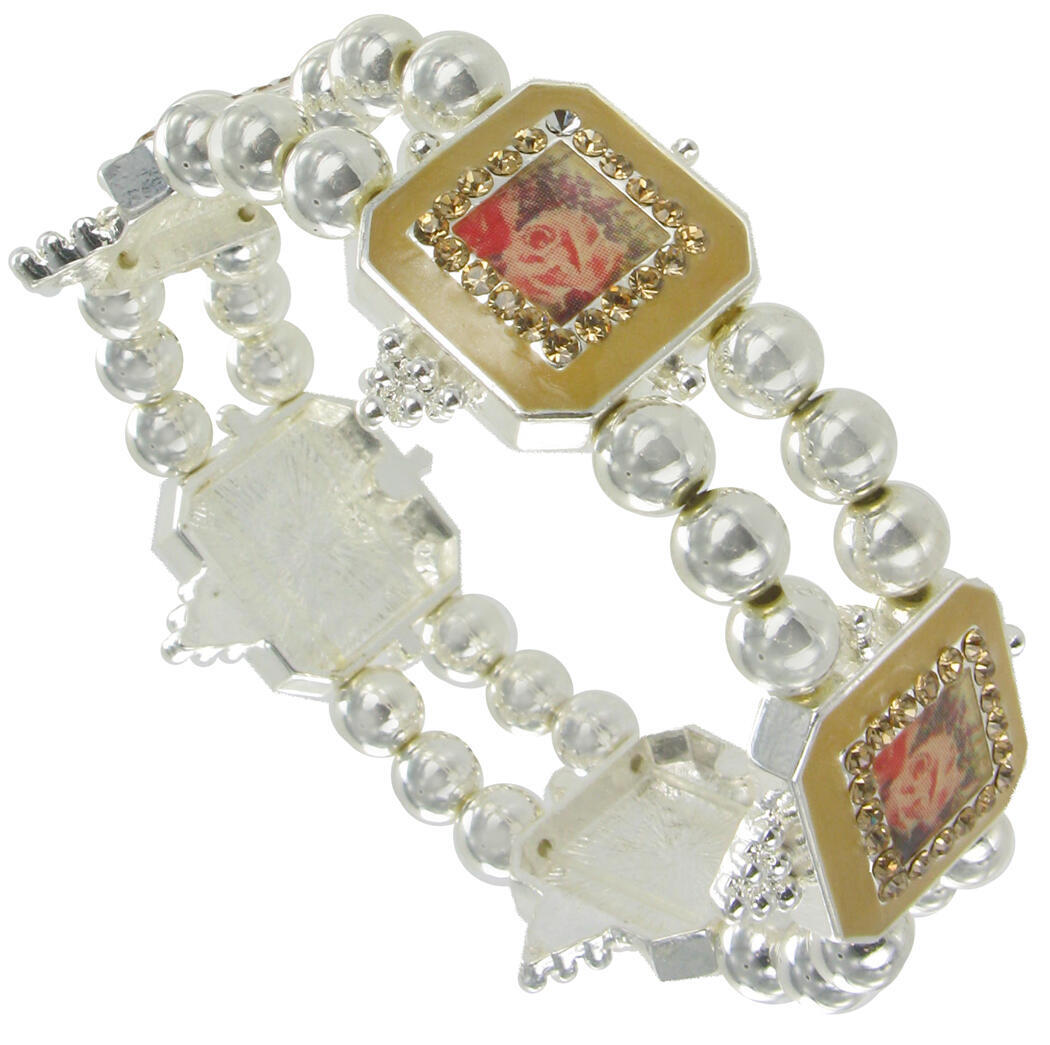 Silver Tone Bead Rose Photo Tan Rhinestone Link Stretch Bracelet For Women 7- 8″