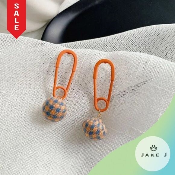 Y2K Plaid Safety Pin Women Earrings orange and blue