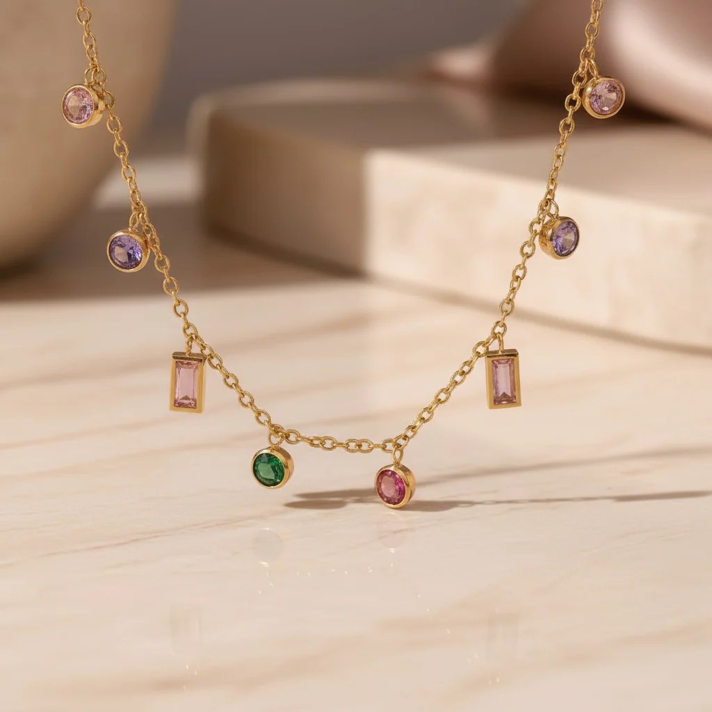 Multicolor Gemstone Necklace Gold Charm Necklace |Stainless Steel Layering Chain
