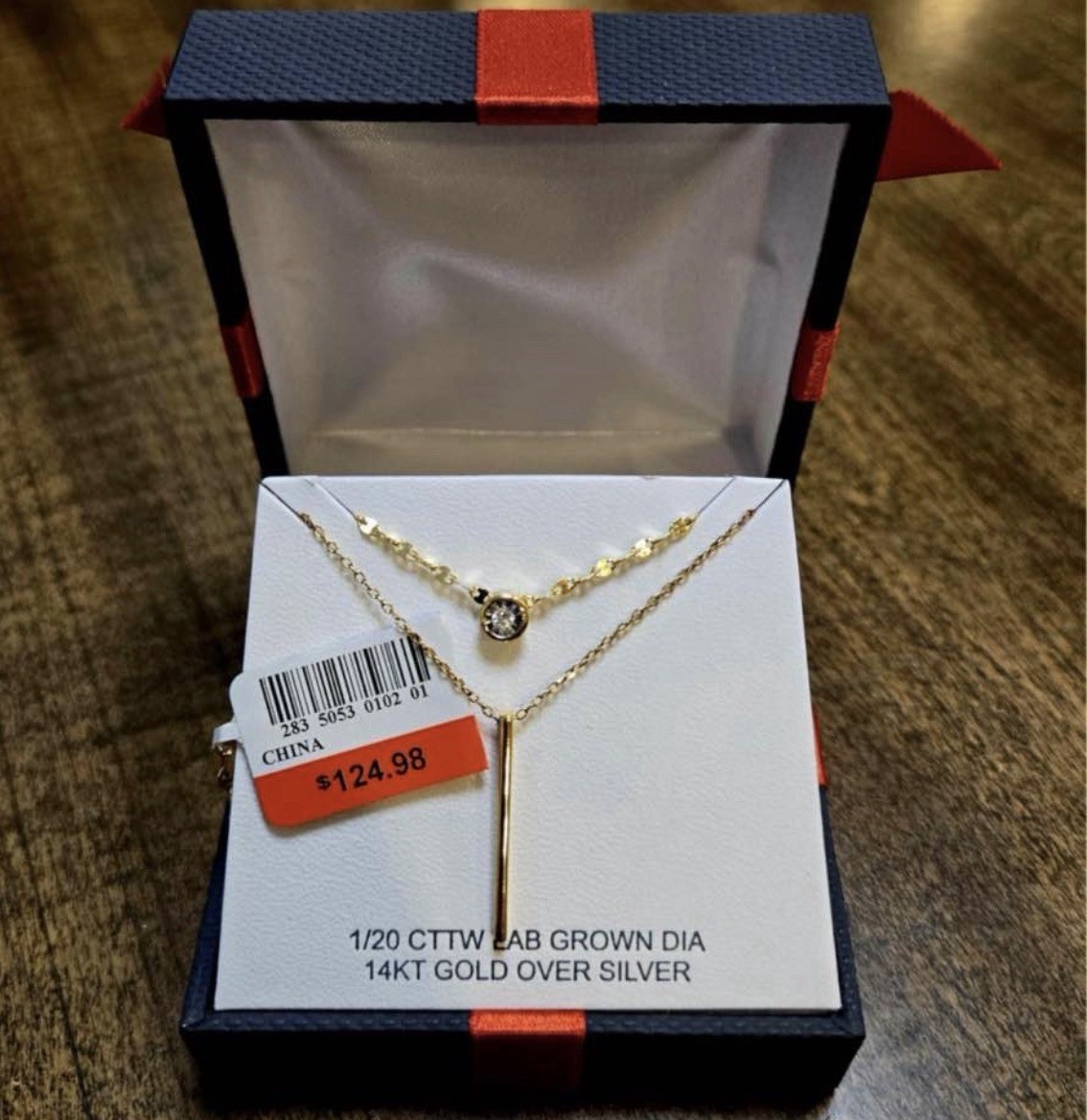 Lab-Created Clear Diamond Layered Bar Pendant Necklace Gold Plated Silver