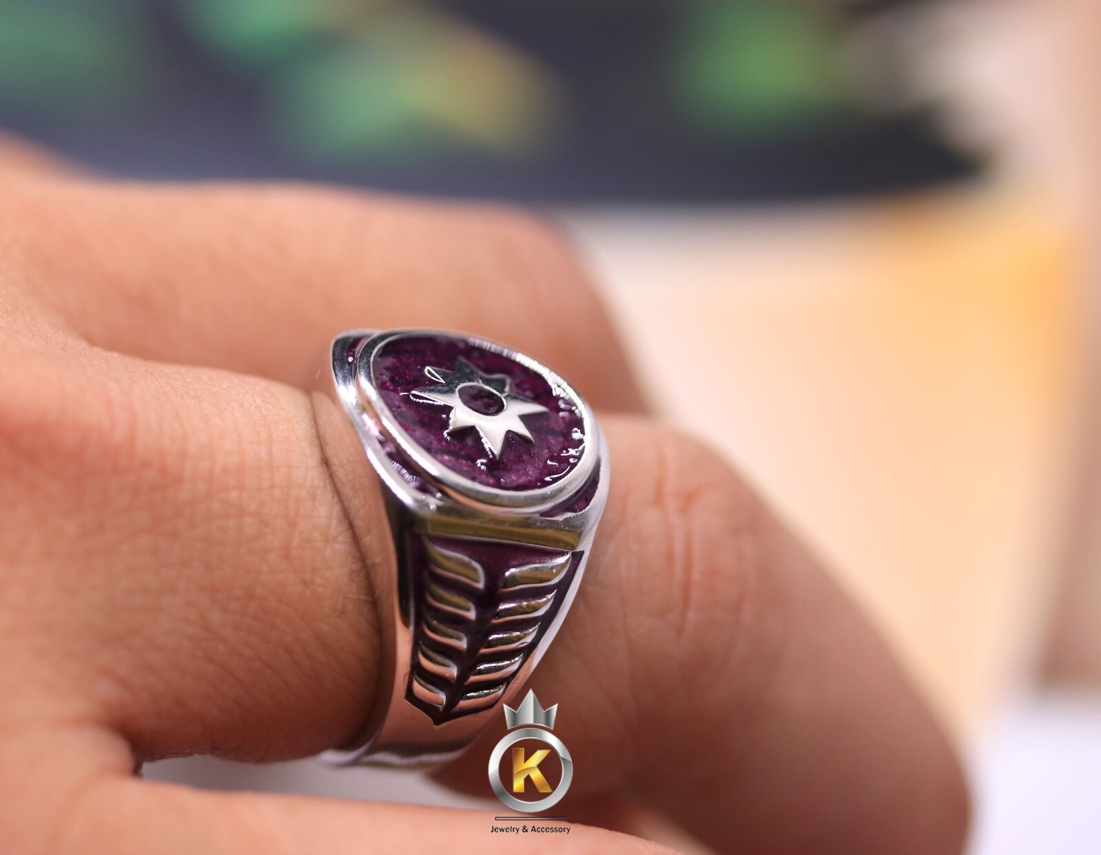 Star Ring Star Sapphire Ring Silver 925 Purple Enamel Star Sapphire Lantern Ring
