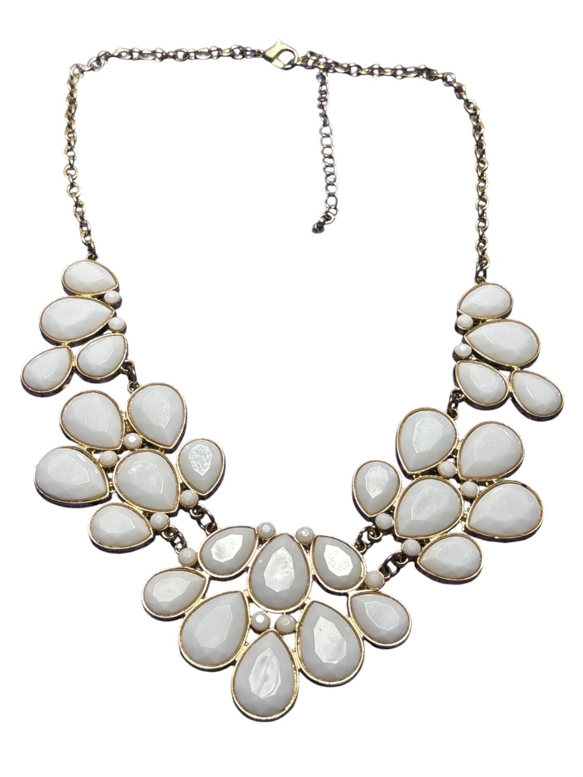 White Plastic Rhinestone Goldtone Bib Statement Necklace Lobster Clasp 16 -19 in