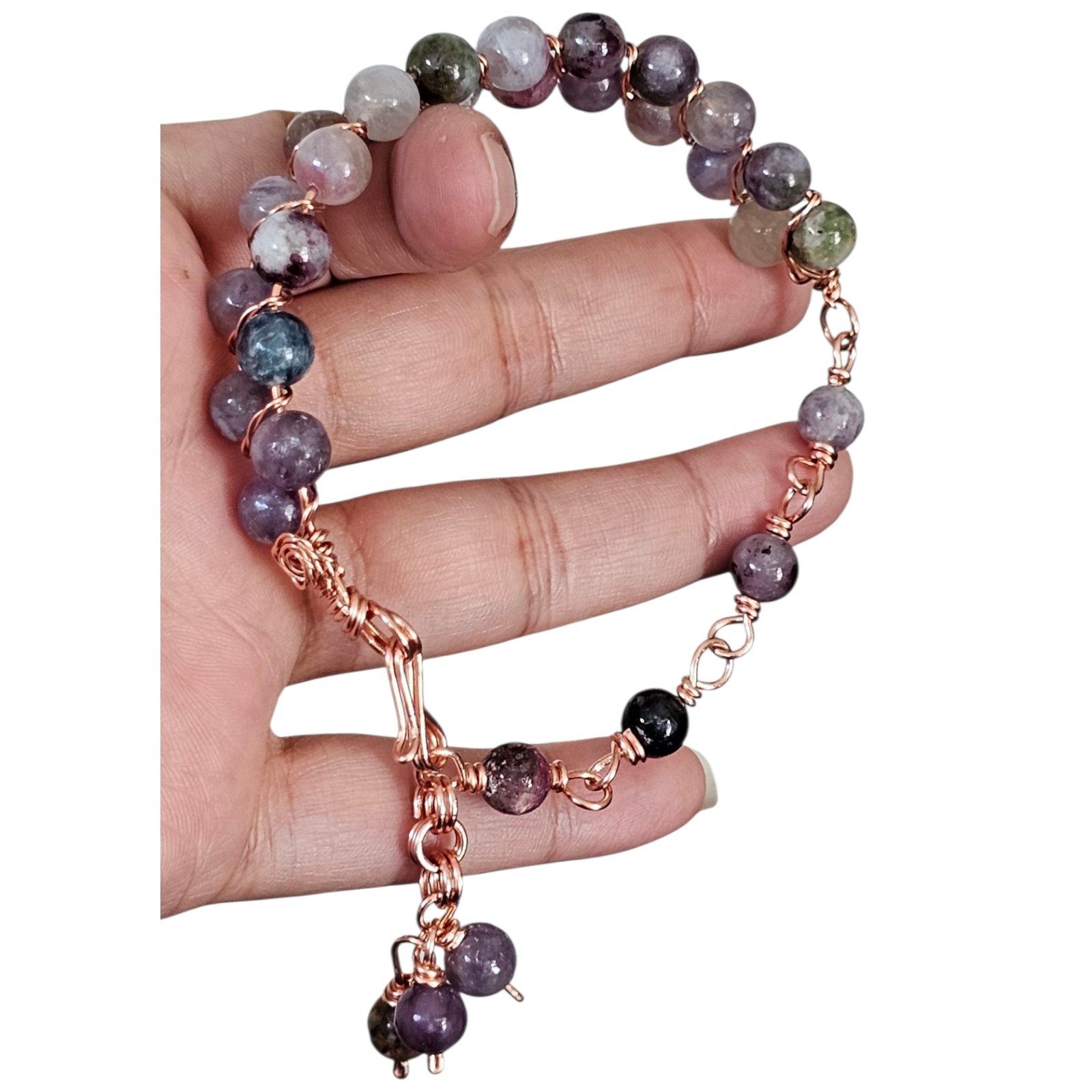 Tourmaline Crystal Half Bangle Made With Copper Wire 7.8mm Beads