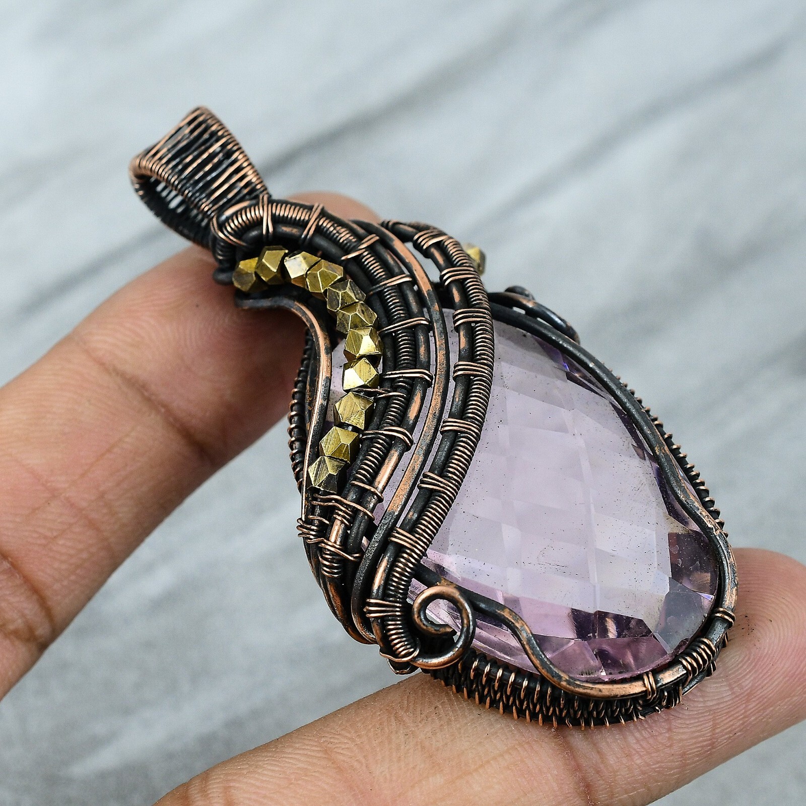 Wedding Gift For Her Copper Pink Kunzite Jewelry Wire Wrapped Pendant 2.87″