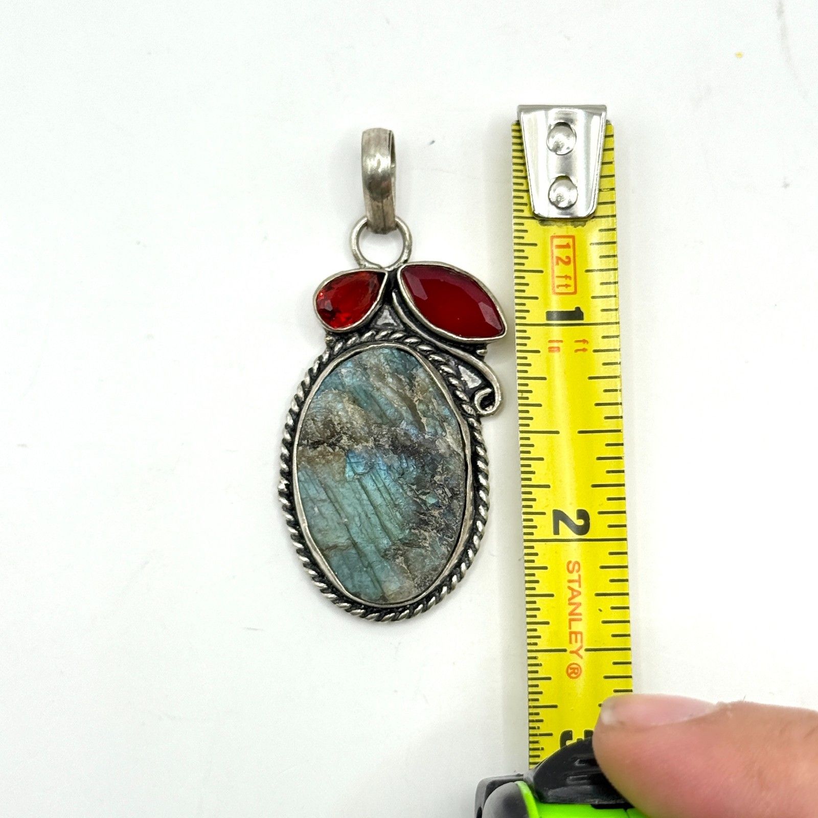 Vintage Rough Labradorite Garnet Gemstone Pendant Sterling Silver 925 Charm Blue