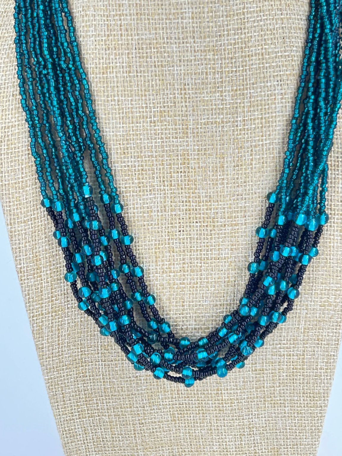 Multi-Strand Beaded Necklace 19-22 Inch Black Turquoise Glass Beads