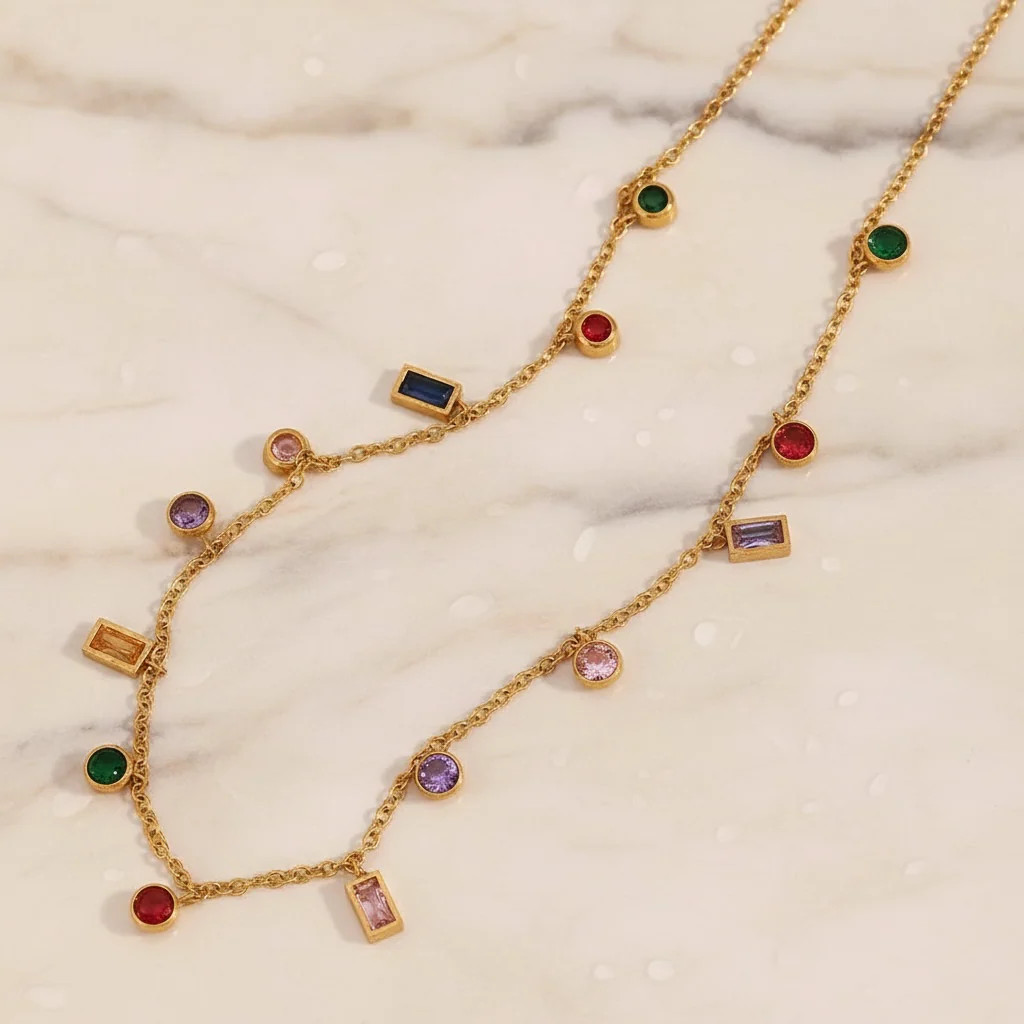 Multicolor Gemstone Necklace Gold Charm Necklace |Stainless Steel Layering Chain