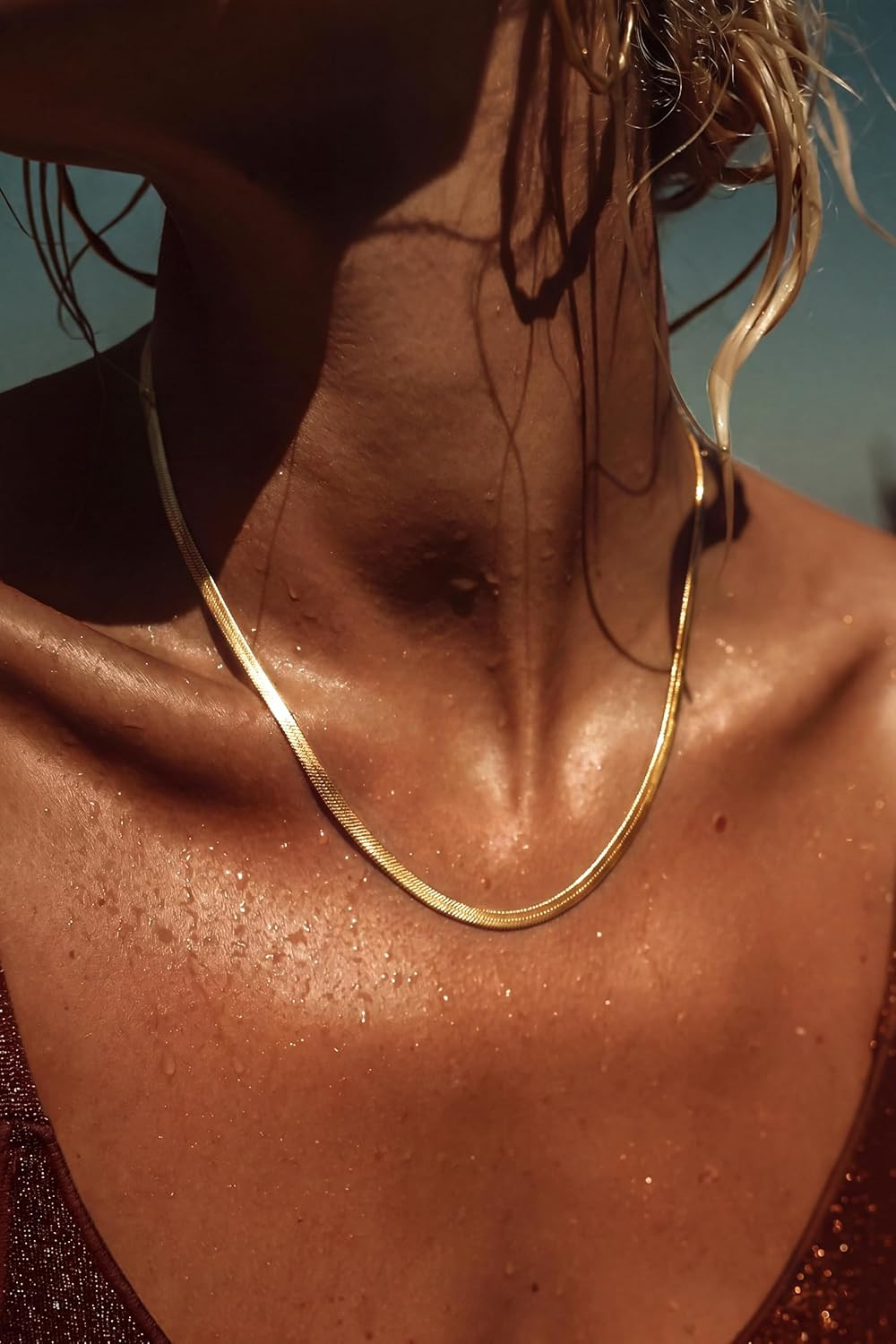 14K Gold Plated Herringbone Necklaces for Women, Dainty Gold Snake Choker Chain
