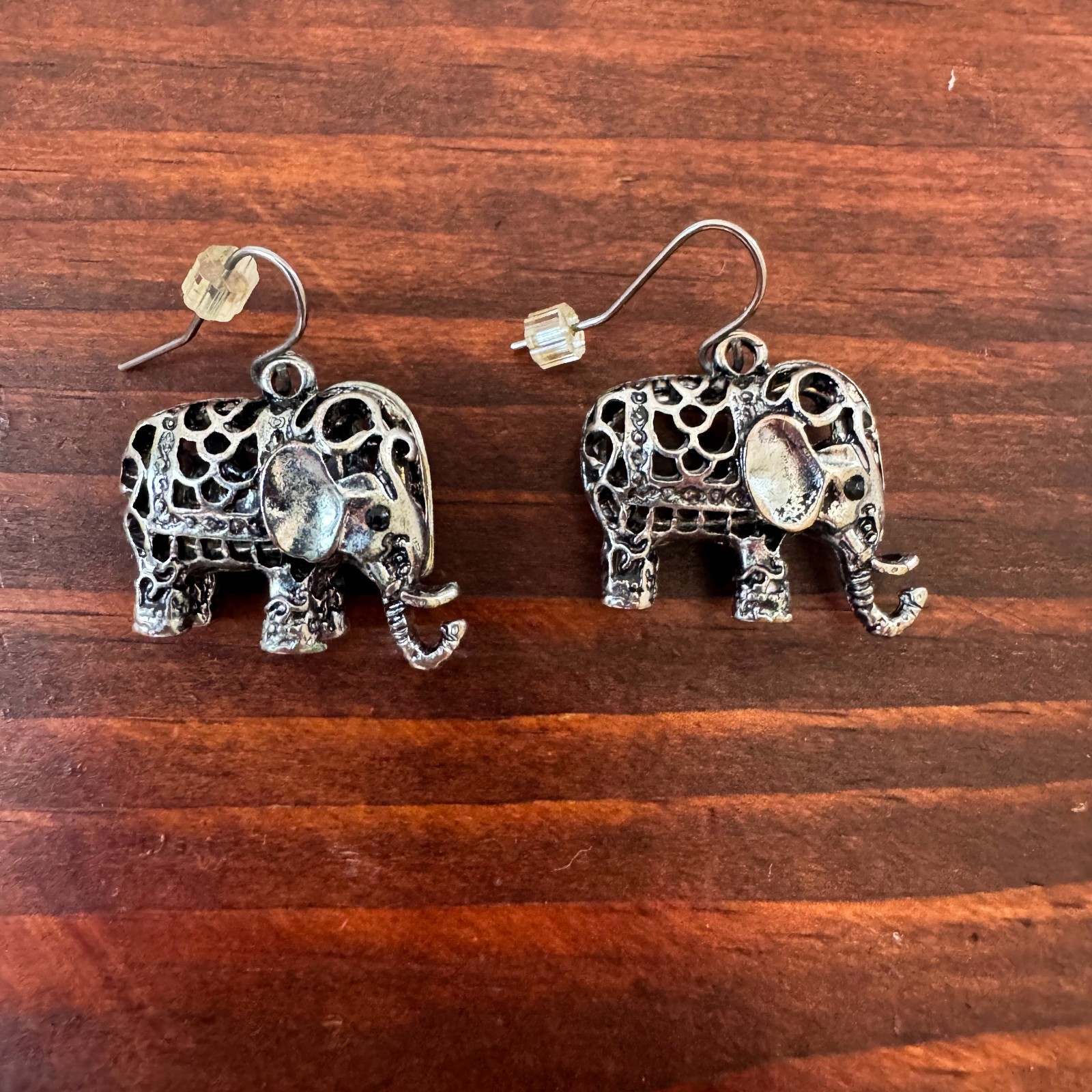 Silver Tone 3D Filigree Elephant Dangle Earrings Wire Hook Boho Cute Animals