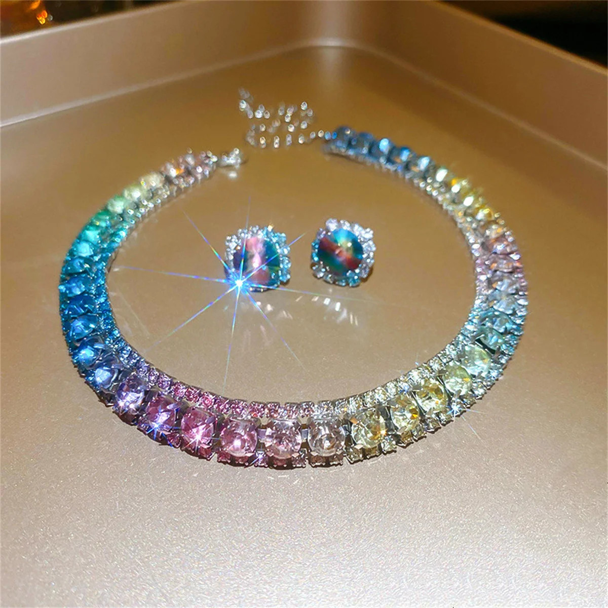 Luxury Crystal Necklace Earrings Set Pink Purple colourful Necklace