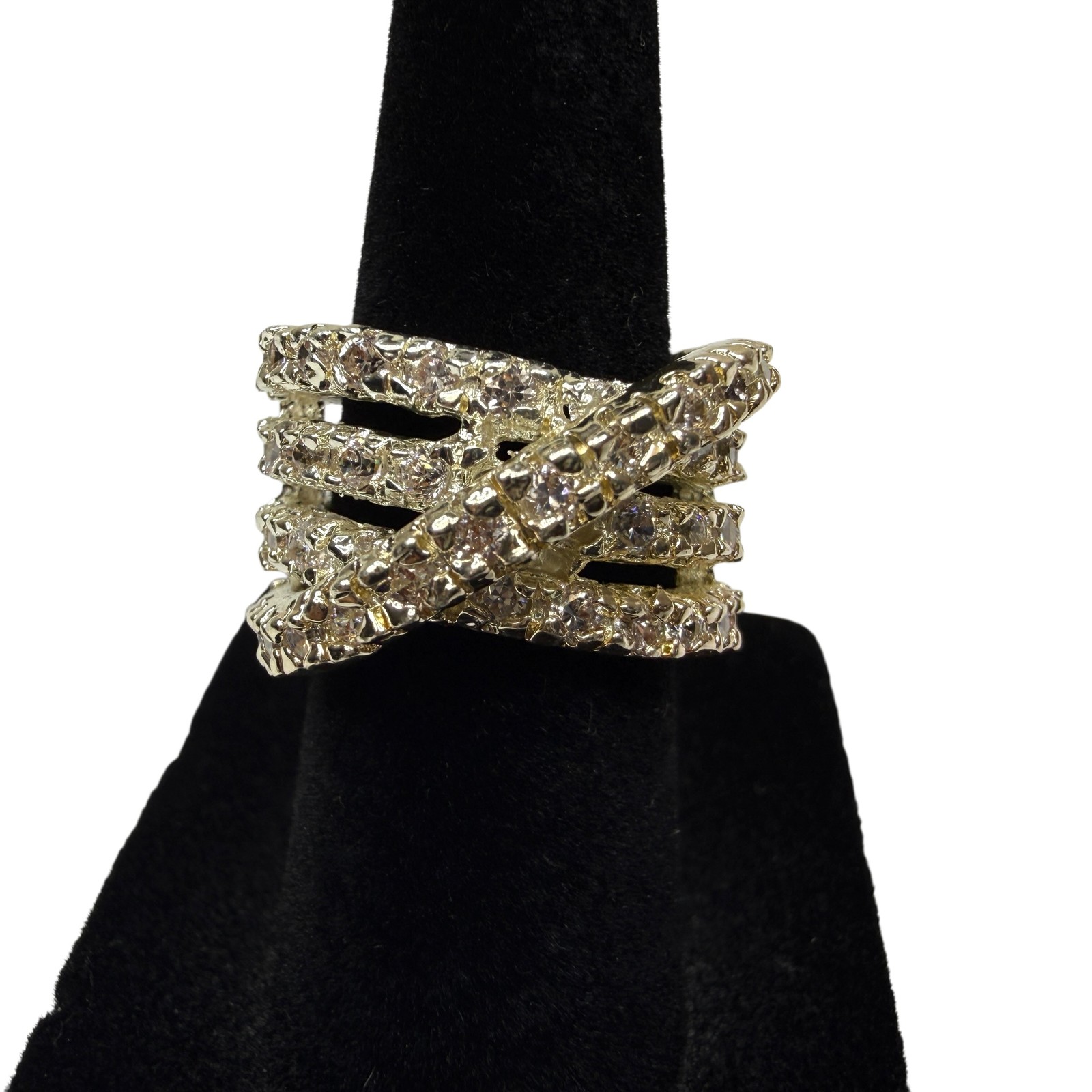 Sparkling Crisscross Band Statement Ring Gold Tone Clear Rhinestone Jewelry Sz 5