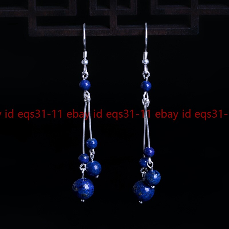 4-6-10mm Natural Lapis Lazuli Round Gems Beads Dangle Silver Hook Earrings