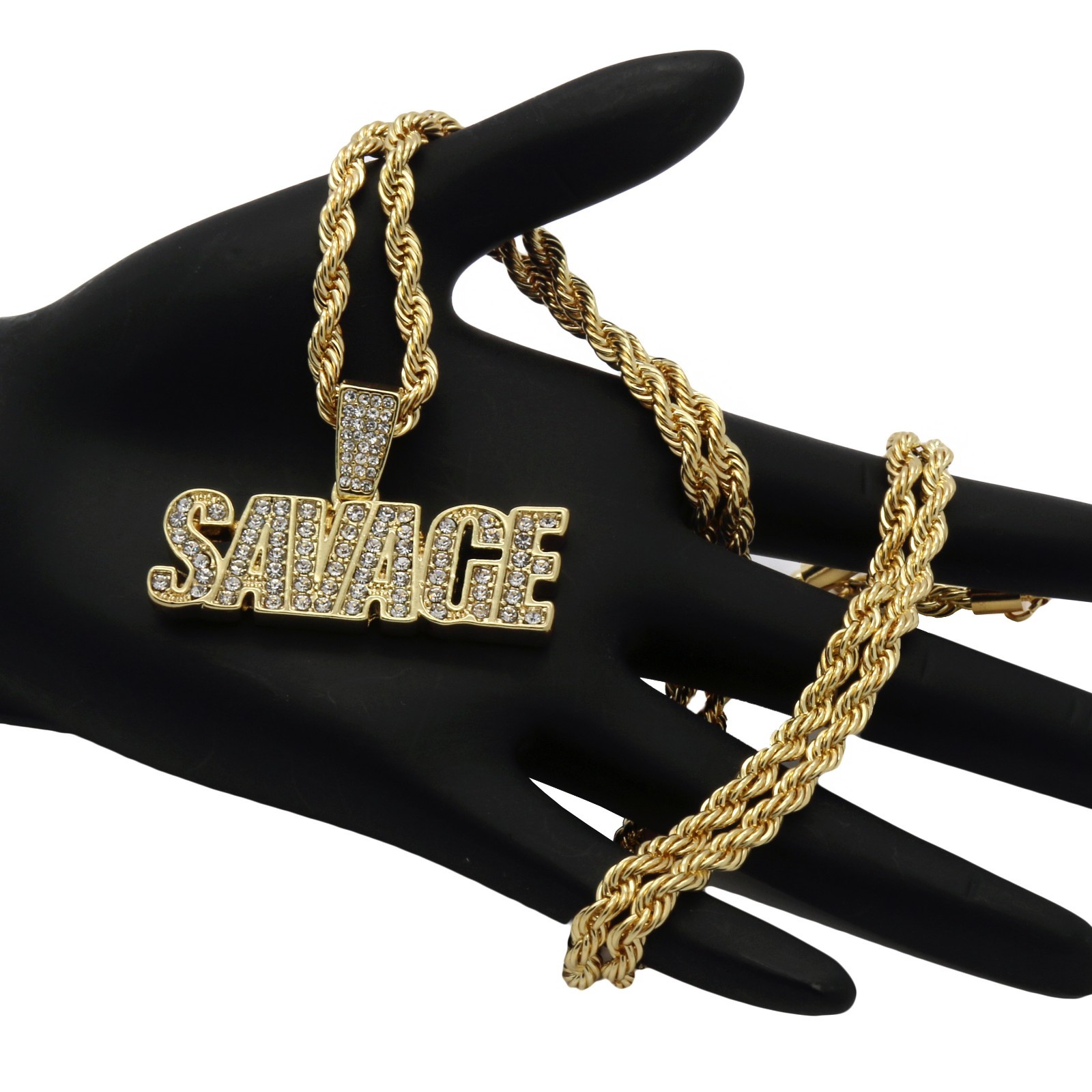 Mens 14k Gold Plated SAVAGE Cubic-Zirconia Pendant 4mm Rope Chain Necklace
