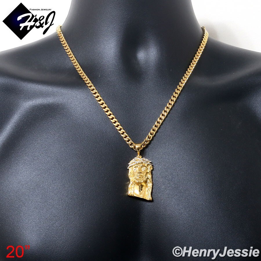 20″MEN Stainless Steel 5mm Gold Plated Cuban Necklace ICY CZ Jesus Pendant*GP133
