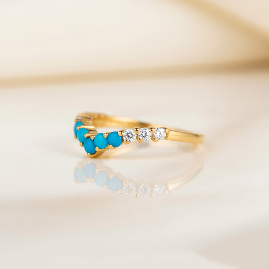 Genuine Turquoise & CZ Stacking Engagement Ring, 925 Silver Yellow Plated Ring