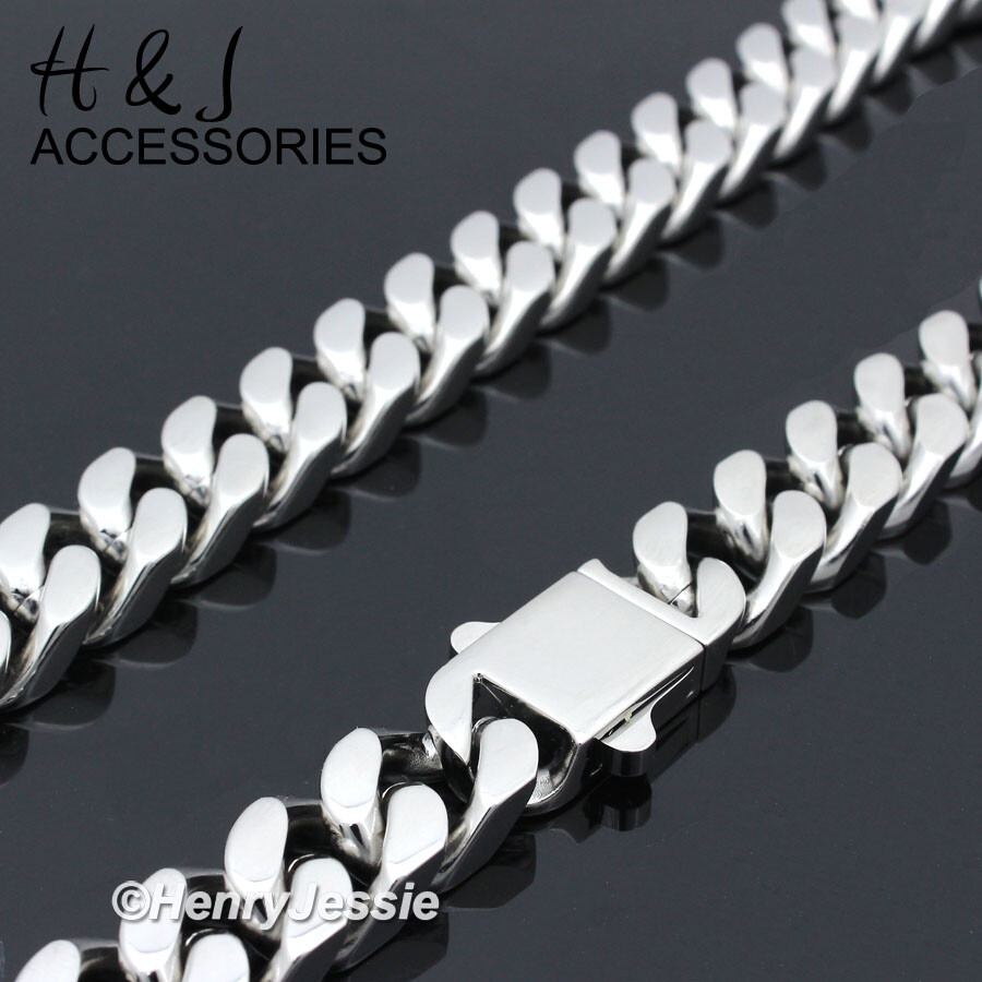 16″-40″MEN 316L Stainless Steel 12mm Silver Miami Cuban Curb Chain Necklace