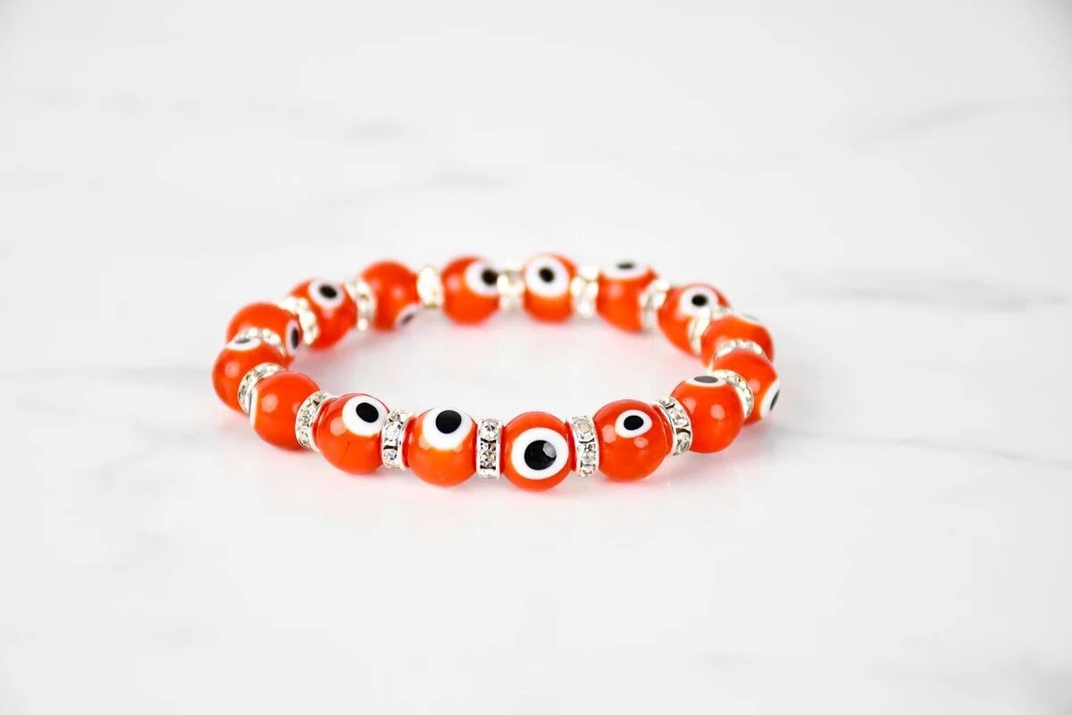 10MM Orange Turkish Evil Eye Crystal Glass Bead Stretch Bracelet