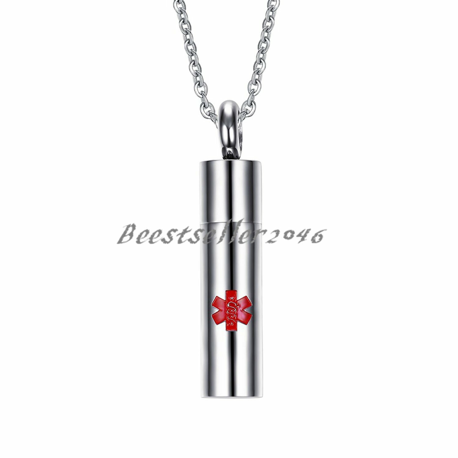 2pcs Stainless Steel Keepsake Container Holder Medical Alert Pendant Necklace