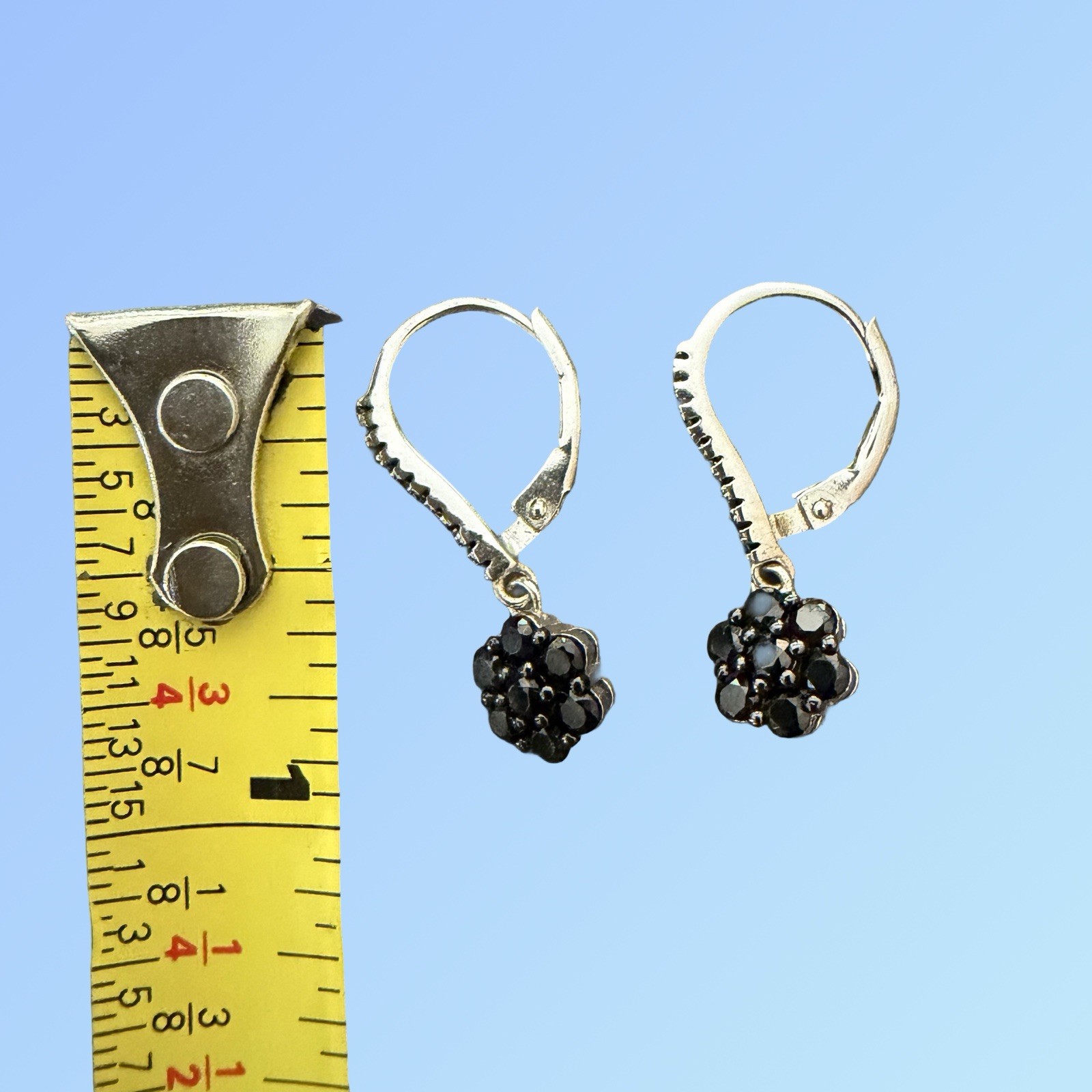 FZN Sterling Silver 925 Black Spinel Flower Cluster Leverback Drop Earrings CN