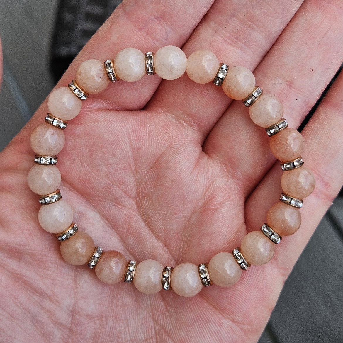 Pink Sunstone 8mm Round Beaded Stretch Bracelet w Golden Rhinestone Spacer Rings