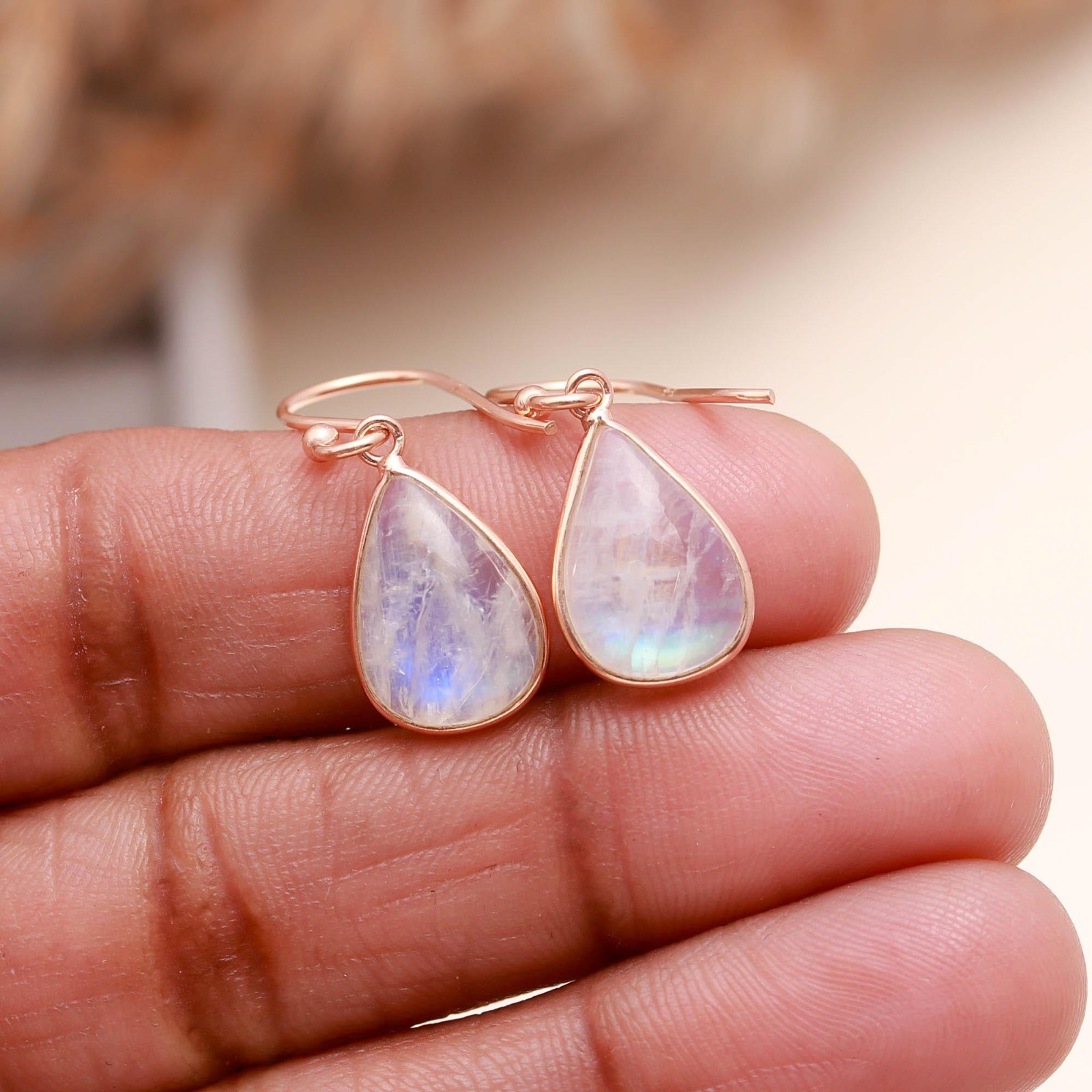 100%Natural Moonstone Pear Dangle Earrings Rose Gold Plated Solid Silver Jewelry