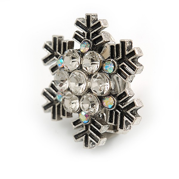 AB/ Clear Crystal Snowflake Clip On Earrings In Silver Tone – 20mm Diameter