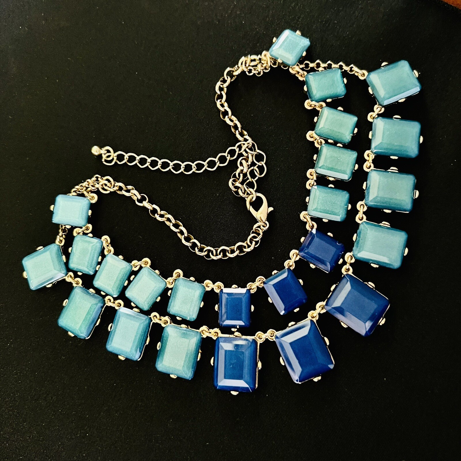 Statement Faceted Resin Stone Green Blue Gold Tone Bib Layered Necklace 4028
