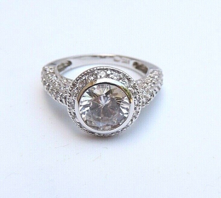 Sterling Silver & Round Cubic Zirconia Cocktail Ring 5.2gm Bright Rhodium Finish