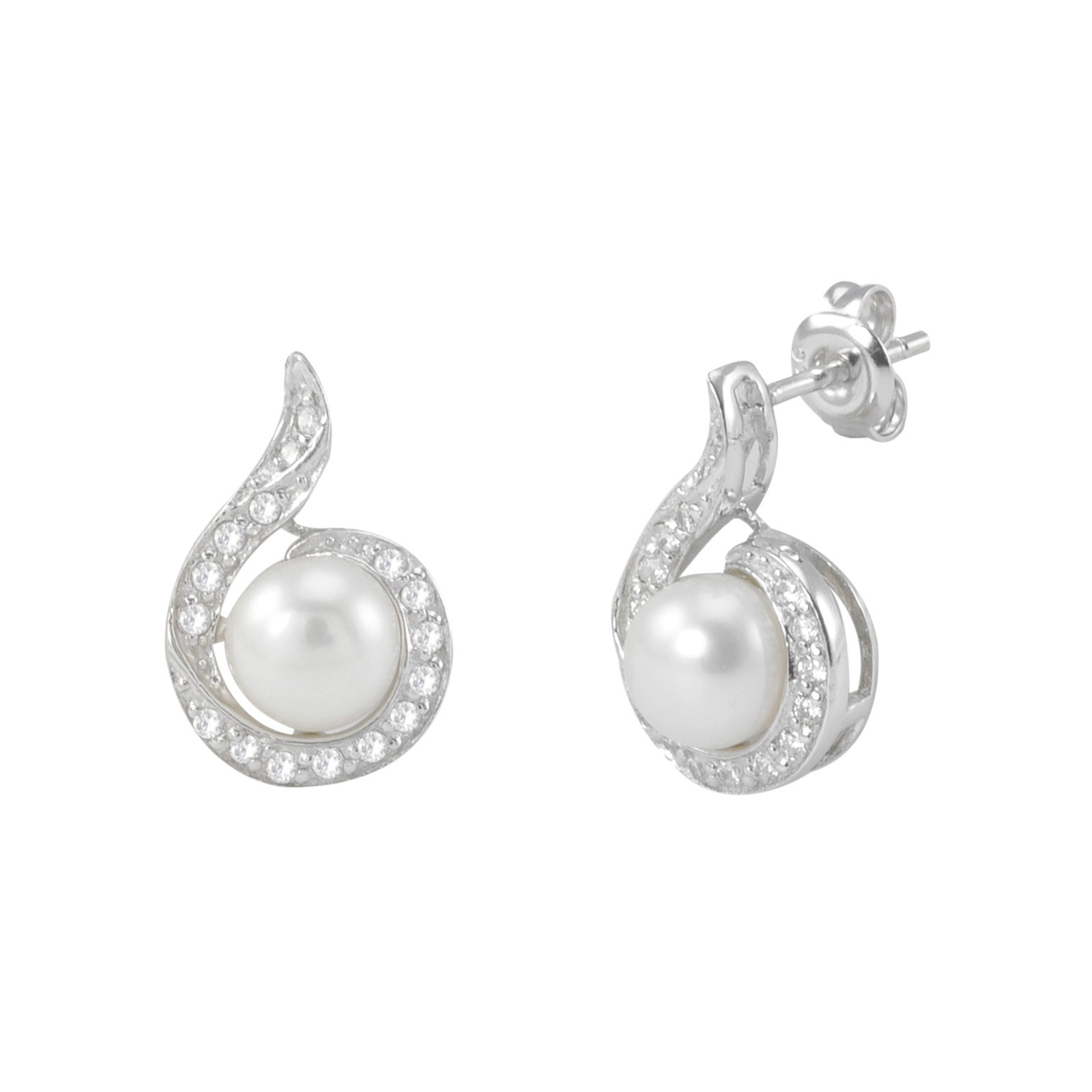 Pearl Earrings .925 Sterling Silver White Elegant CZ Wraparound Design