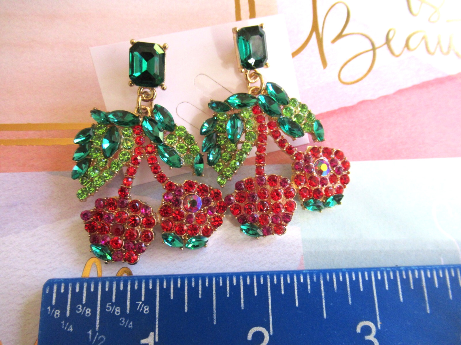 SWEET STRAWBERRY OR CHERRY Rhinestone Strawberries or Cherries Dangle Earrings